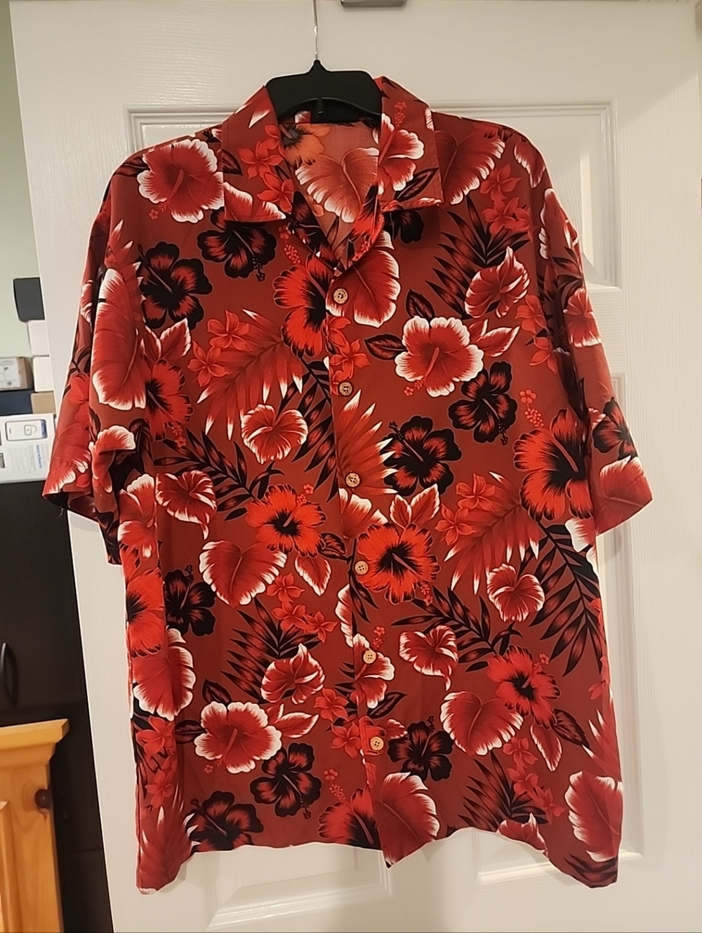 ODO Mens XL Hawaiian Red Floral Button Up Shirt Tropical Beach